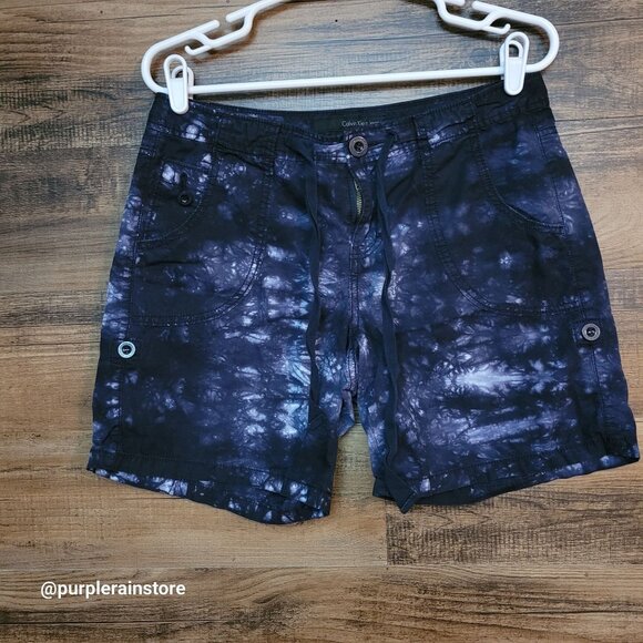 Vtg Calvin Klein Tie Dye Shorts Size 8 Mid Rise Tab Legs Blue Purple Y2K - Picture 1 of 14
